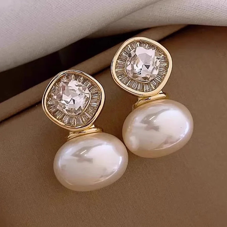 DREJEW Retro Diamond Zircon Pearl Earrings for Women Fashion Simple Temperament 2025 Korean Luxury Designer Jewelry Gifts