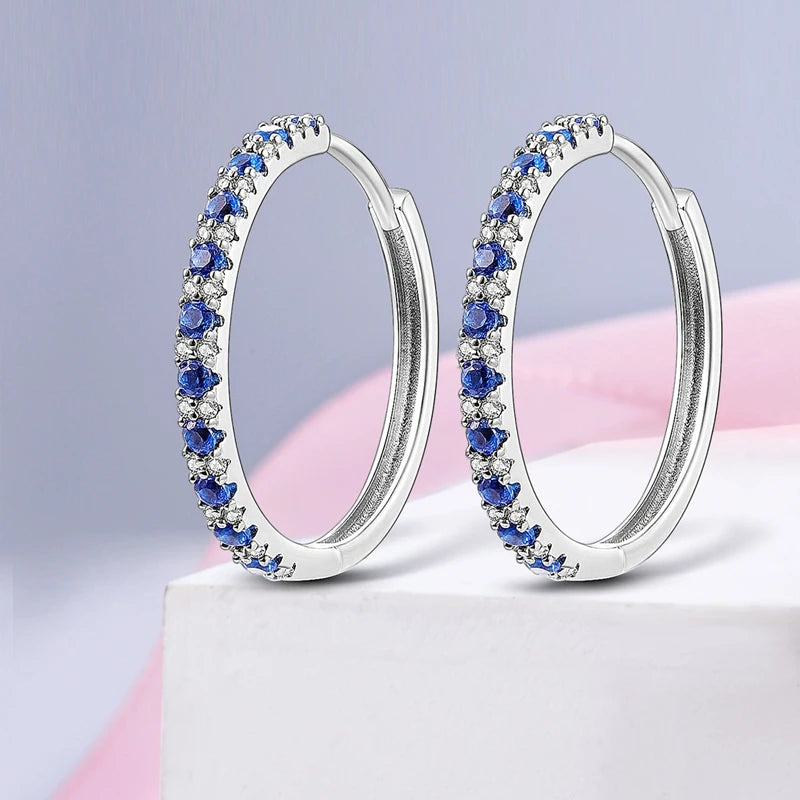 925 Sterling Silver Round Circle Hoop Earrings For Woman Wedding Engagement Party Fashion Jewelry Gift Blue Geometric Earrings