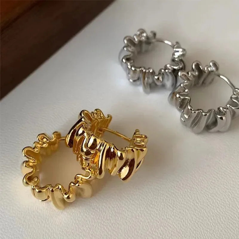 Metal Huggie Earrings Crinkle Molten Irregular Hoop Geometric Gold Silver Alloy Minimalist Women Small Jewelry Wear Gift Party