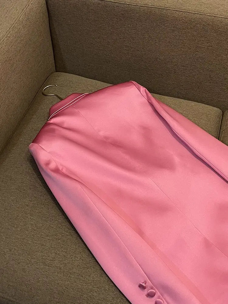 Pink Satin Slim Fit Blazer Hip-covering Skirt Fashionable Commuting Two-piece Set