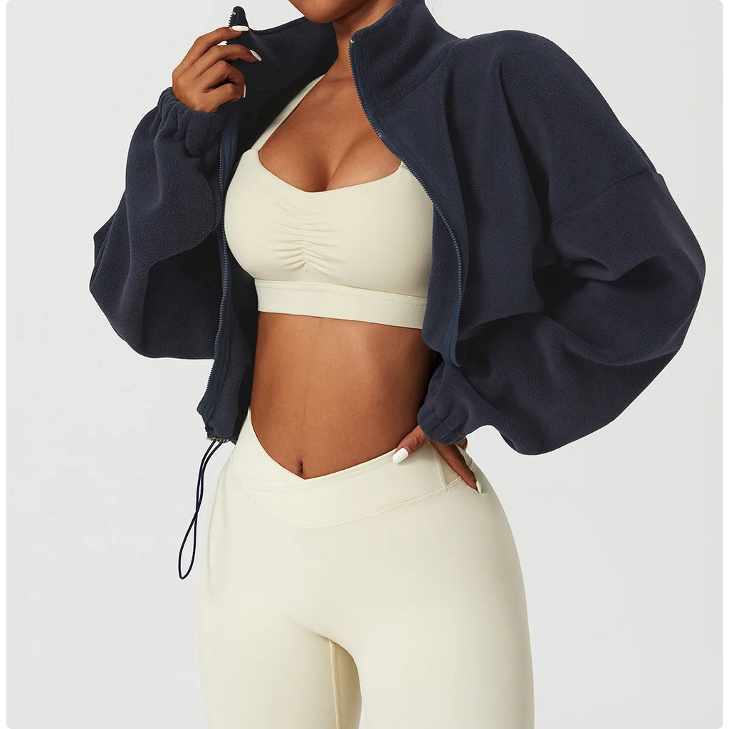 Women's Polar Fleece Zip Hoodie Athletic Loose Fit Crop Top w/ Stand Collar, Thumb Holes & Drawstring Hem for Fall Winter