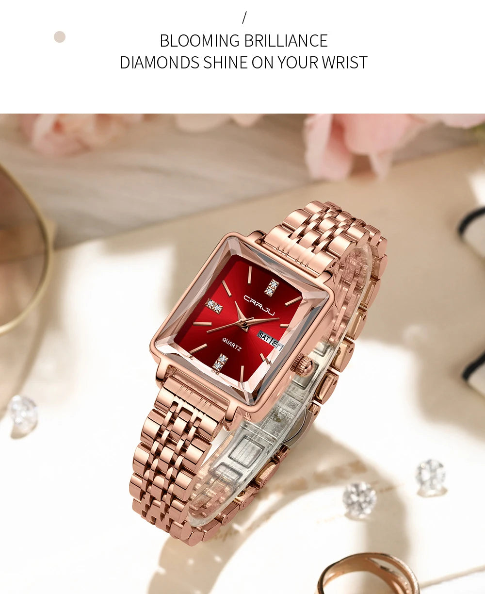 CRRJU Waterproof Women's Square Quartz Dress Watch Ladies Steel Bracelet Wristwatch with Date Relogio Feminin