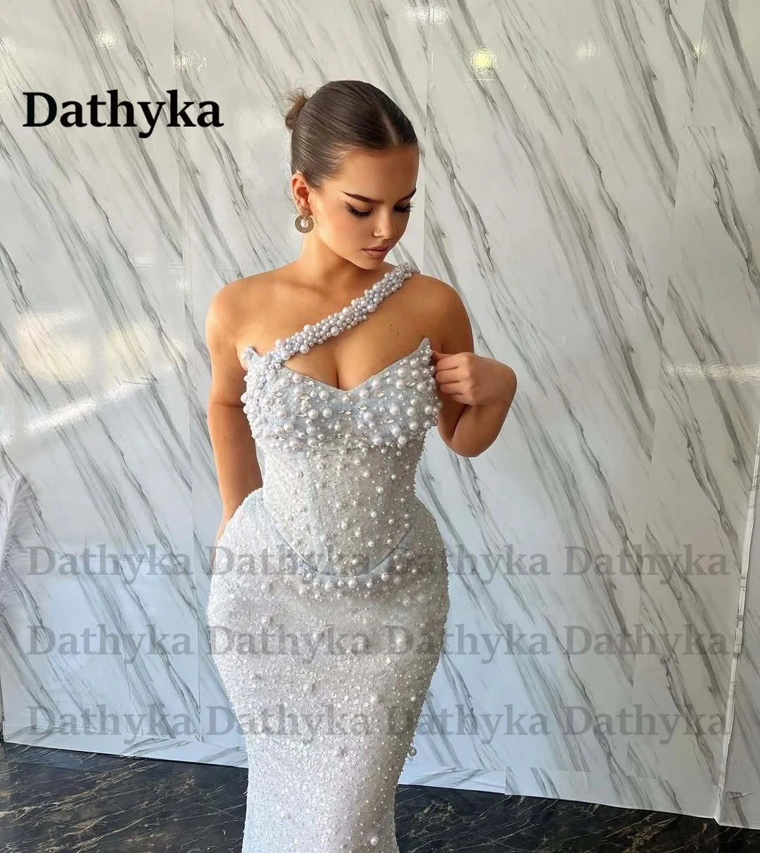 Dathyka Attractive Beads Formal Evening Dress  Bling Tulle One Shoulder Trumpet Sweep Train Vestidos De Gala Customized