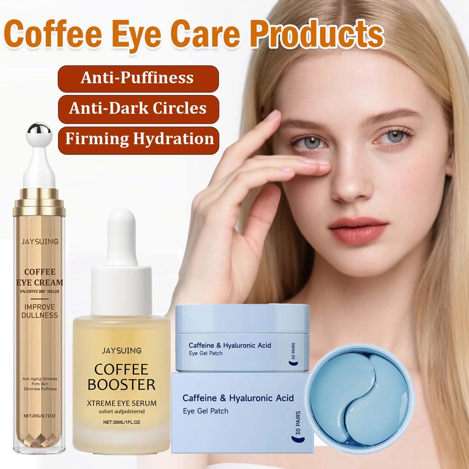 Coffee Eye Care Products Eye Cream with Roller Moisturizing Eye Mask Anti-Dark Circles Eye Serum for Puffiness Firming Hydration