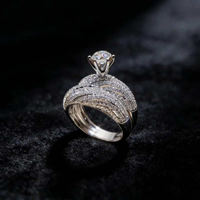 Elegant Silver Color Hip Hop Ring for Women Luxurious Inlaid White Zircon Stones Wedding Rings Set Bridal Engagement Jewelry
