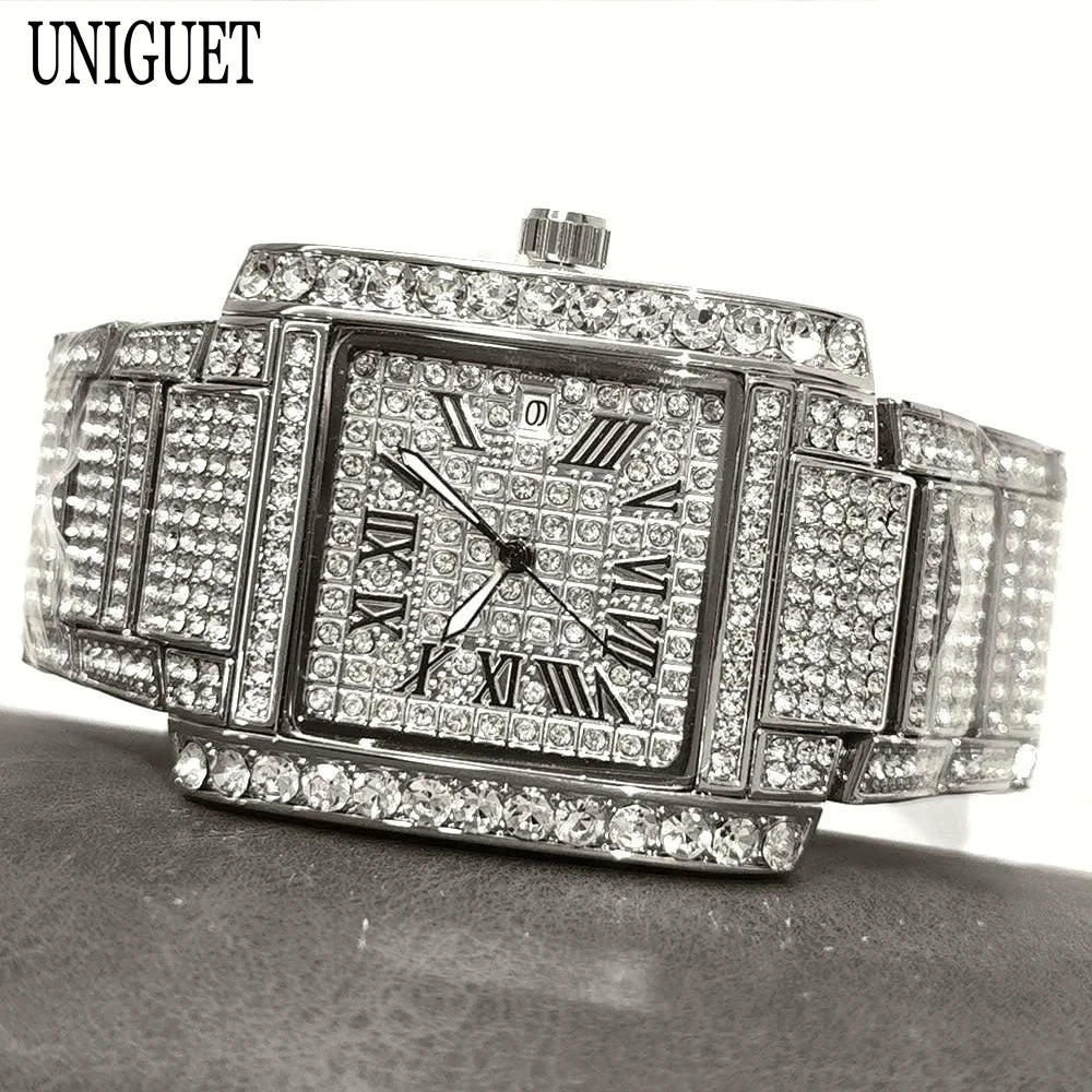 UNIGUET Iced Out Watch For Men Luxury Gold Stainless Steel Quartz Watches Hip Hop Full Diamonds Rectangle AAA Wristwatch Man