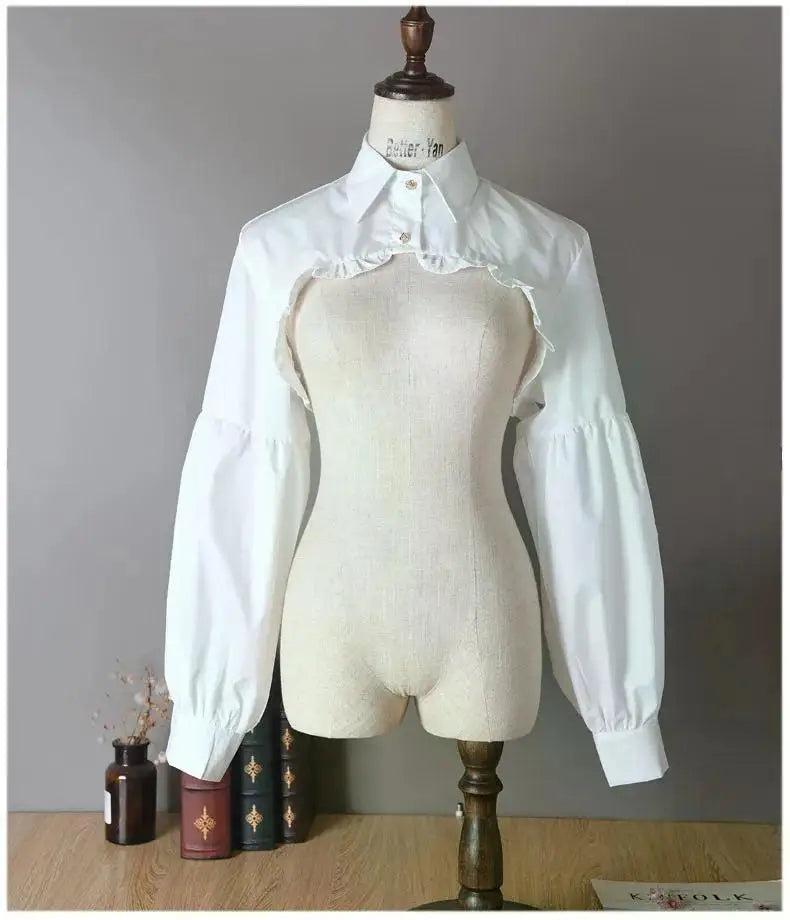 Women Puff Long Sleeve T Shirts Short Top Blouse Ruffled Button Detachable Spread Collar Sweater Decorative Accessories T Shirt