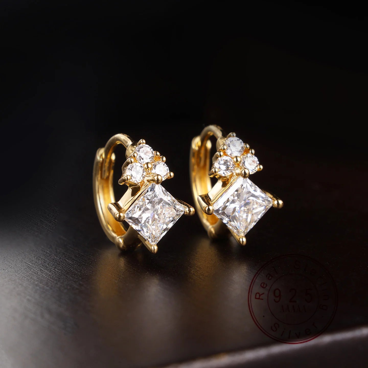 S925 Sterling Silver 18K Gold Plated Princess Cut CZ Huggie Hoop Earrings, Women's Sparkling Cluster Jewelry Gift