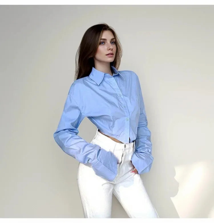 Zadily Summer 2025 Korean Style Long Sleeve White Shirt Sexy Button Detail Crop Top Women's Streetwear Blouse Female Clothing