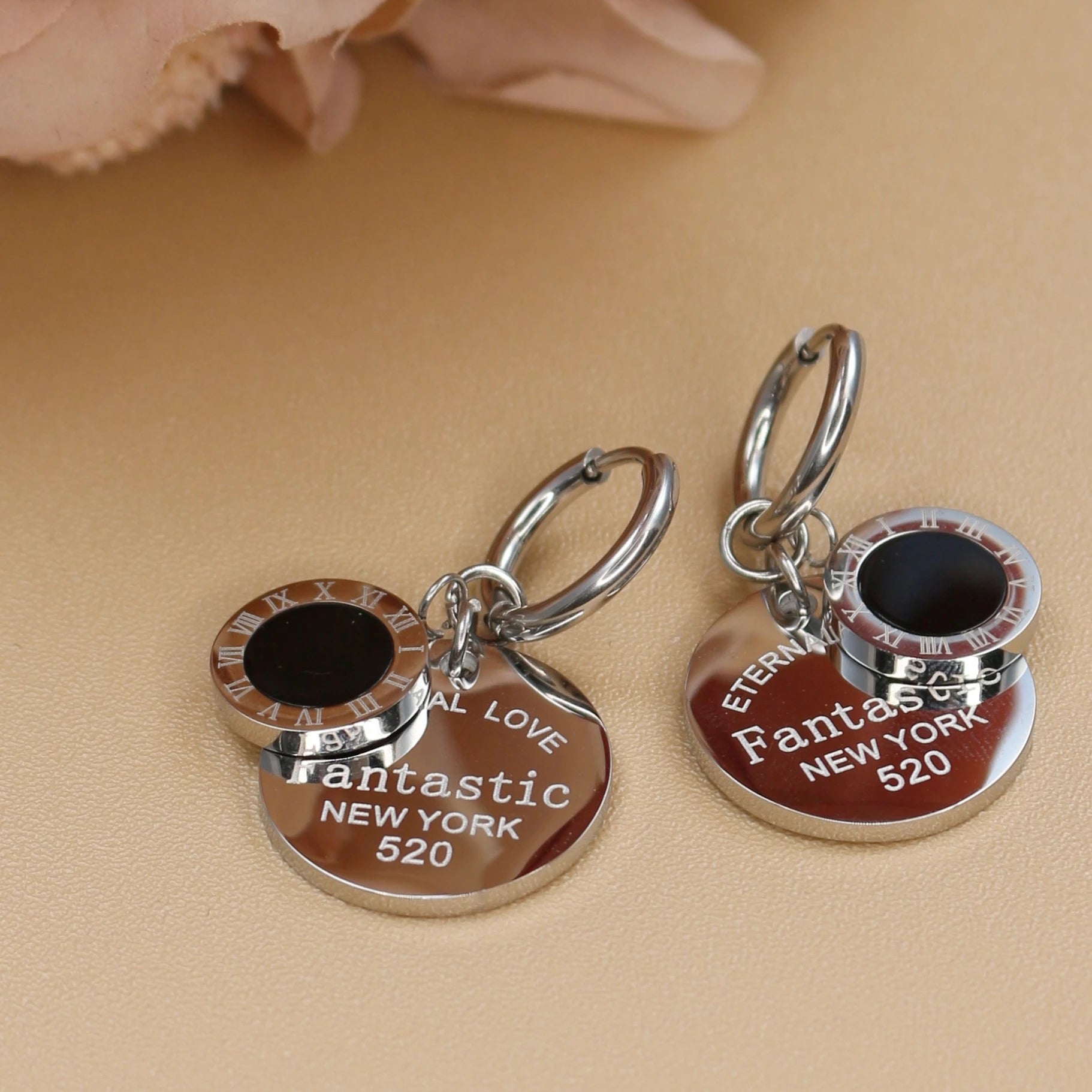 XE-193 New Roman Numeral Medallion Design FOREVER LOVE Stainless Steel Ladies' Jewellery Earrings Gift Wholesale