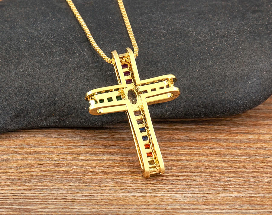 AIBEF Fashion Cross Shape Pendant Colorful Rhinestone Women Necklace Copper Zircon Stereoscopic Jewelry Christianity Unisex Gift
