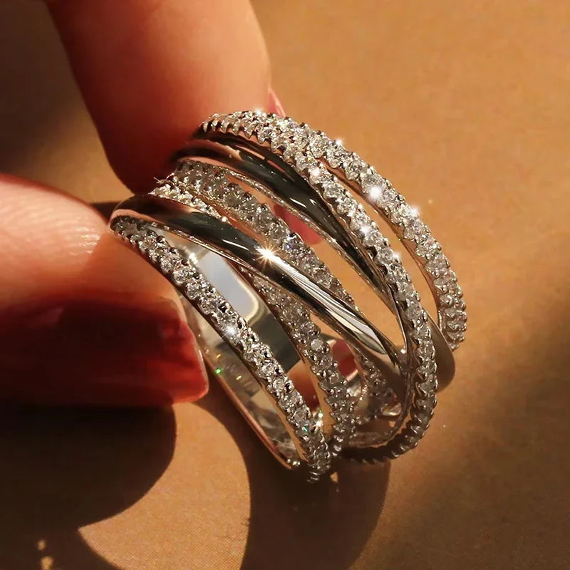 Huitan Silver Color Multi-cross Design Rings for Women Full AA Cubic Zirconia Modern Fashion Female Rings Wedding Party Jewelry