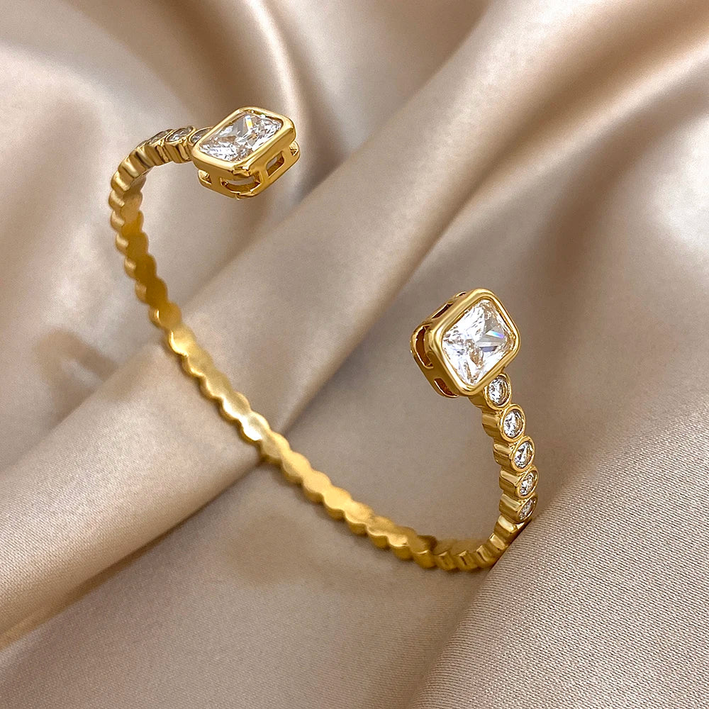 Luxury Micro Inlaid Zircon Stainless Steel Bracelet for Women Fashion Shiny Gold Silver Color Open Bangle Bracelets Jewelry Gift