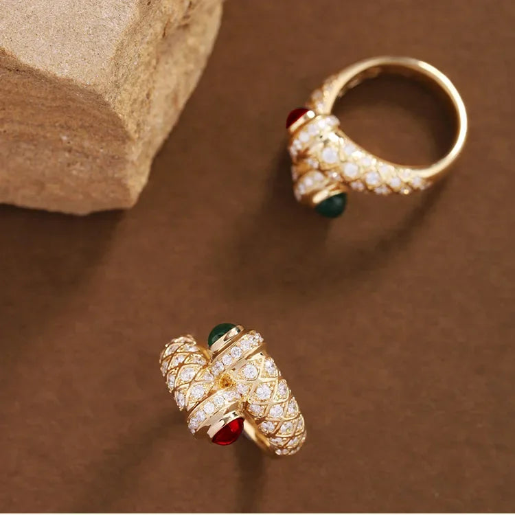 Vintage Retro Ring 18K Gold Lab Ruby Emerald Resizable Rings Women Antique Cocktail Party Finger Ring Fine Jewelry Party Gift
