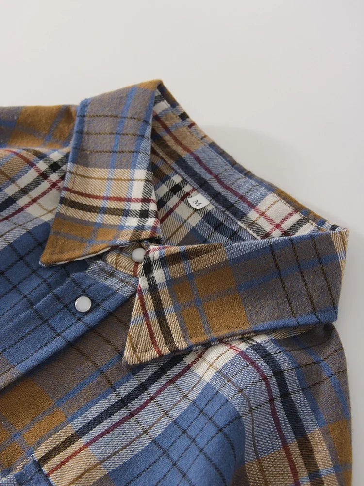 Streamgirl Oversized Plaid Shirt Women 2026 Spring Loose Vintage Long Shirts Full Sleeve Women Plaid Brown Oversized Shirt Blue