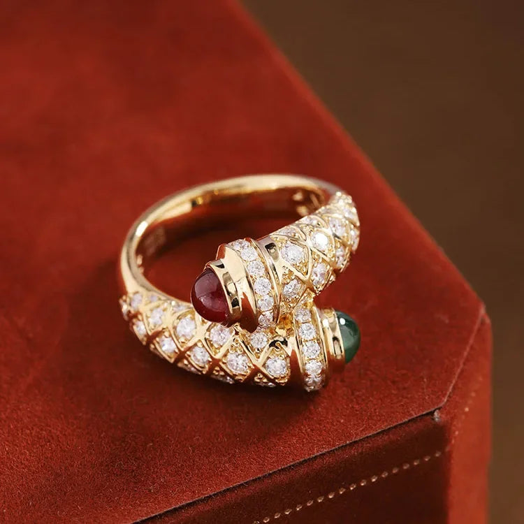 Vintage Retro Ring 18K Gold Lab Ruby Emerald Resizable Rings Women Antique Cocktail Party Finger Ring Fine Jewelry Party Gift