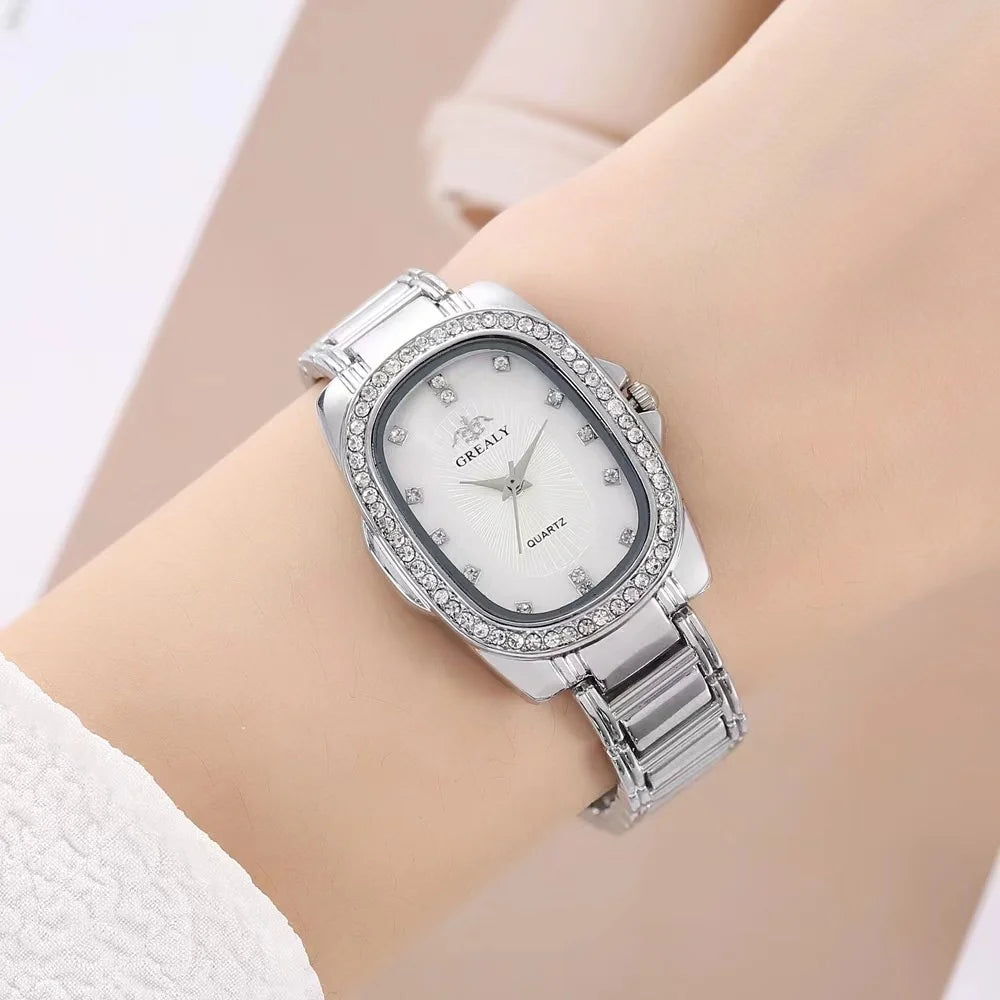 Fashion GREALY Brand Luxury Oval Dial Rhinestone Ladies' Watch  Gold Silver zinc alloy Quartz Wristwatch for Women