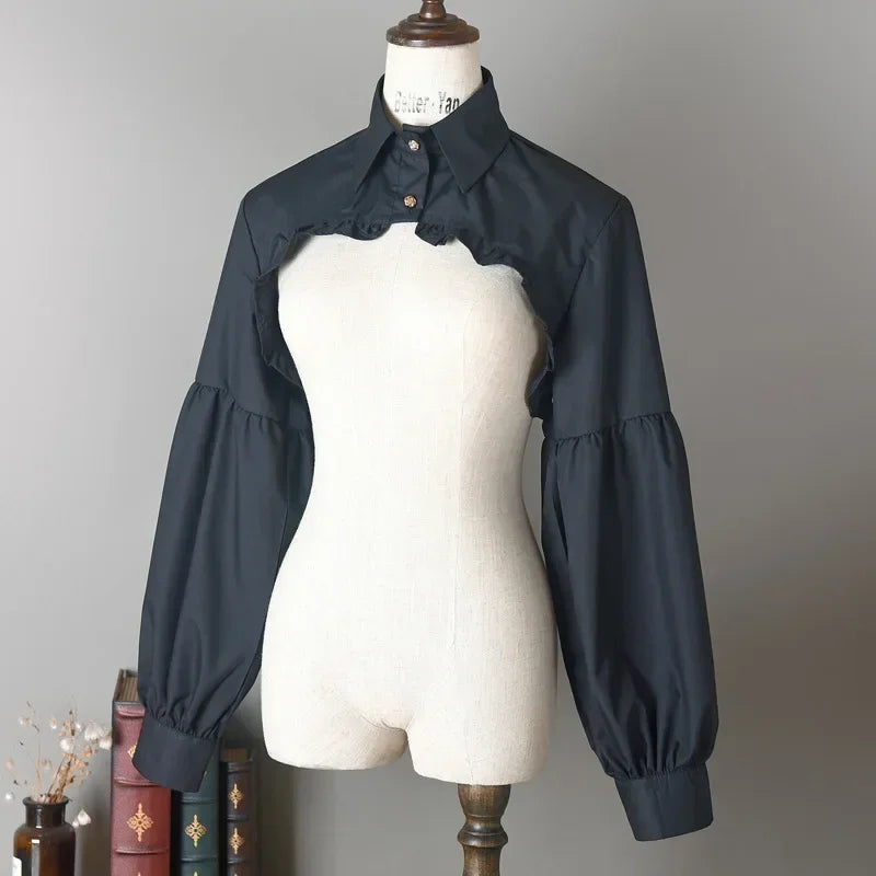 Women Puff Long Sleeve T Shirts Short Top Blouse Ruffled Button Detachable Spread Collar Sweater Decorative Accessories T Shirt