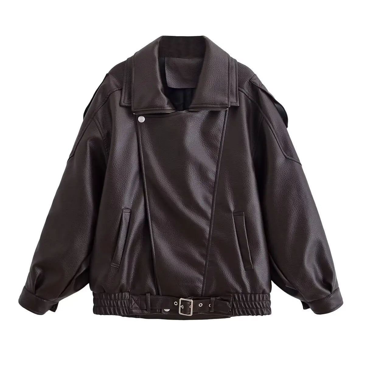 HH Autumn Faux Leather Jacket For Women Casual Solid Long Sleeve Zipper Pu Leather Coats New Fashion Female Streetwear