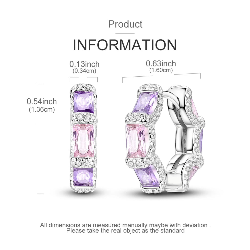 925 Sterling Silver Pink Purple Square CZ Huggie Hoop Earrings for Women Sparkling Luxury Elegant Evening Party Jewelry
