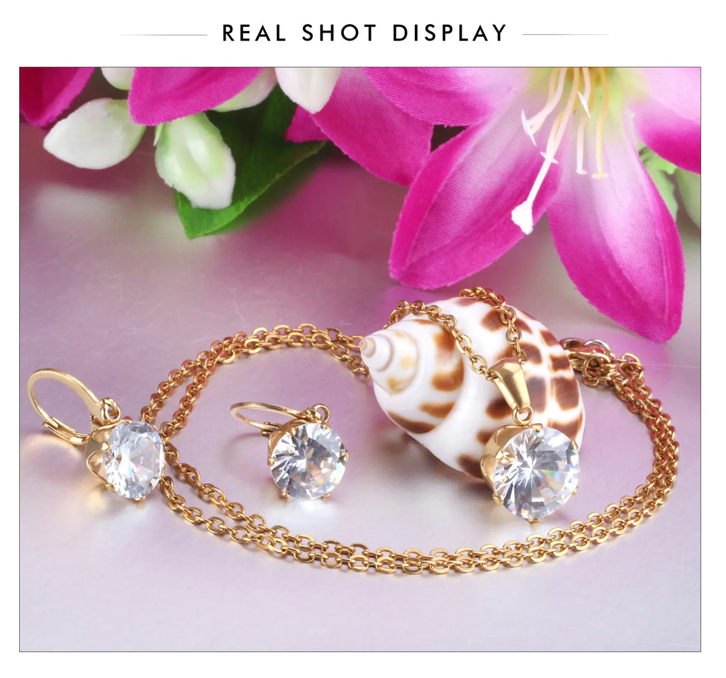 Delicate Jewelry Sets Charm White Blue Pink Color Bling Crystal Pendant Necklace Earring Brinco Wedding Dainty Daily Wear Bijoux