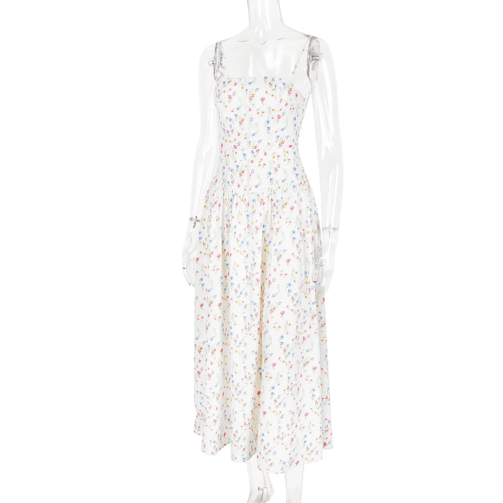 Oligai Floral Print Midi Sundress Elegant Spaghetti Strap Flowy Dress Aussie Summer Women Boho Chic Beach Dress