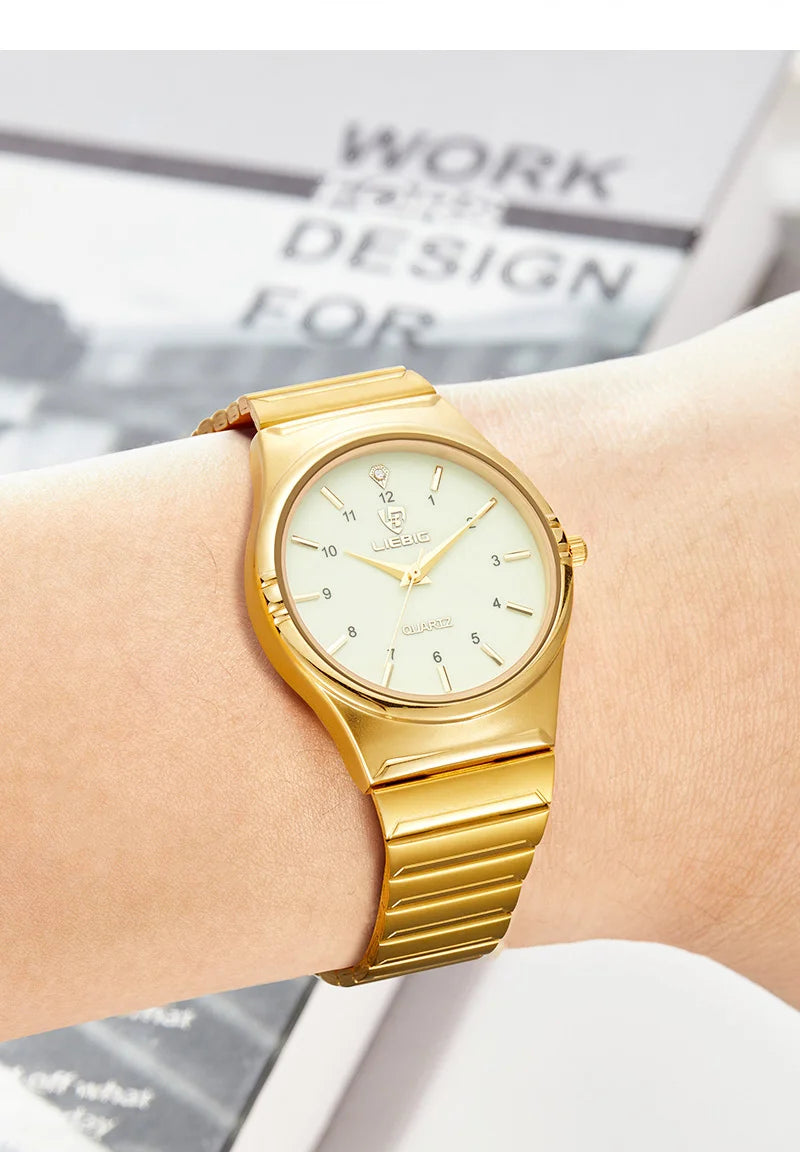 LIEBIG Japan Quart Movement Women Mens Watches Luxury Stainless Steel Female Ladies Golden Wristwatch Clock Relogio Feminino