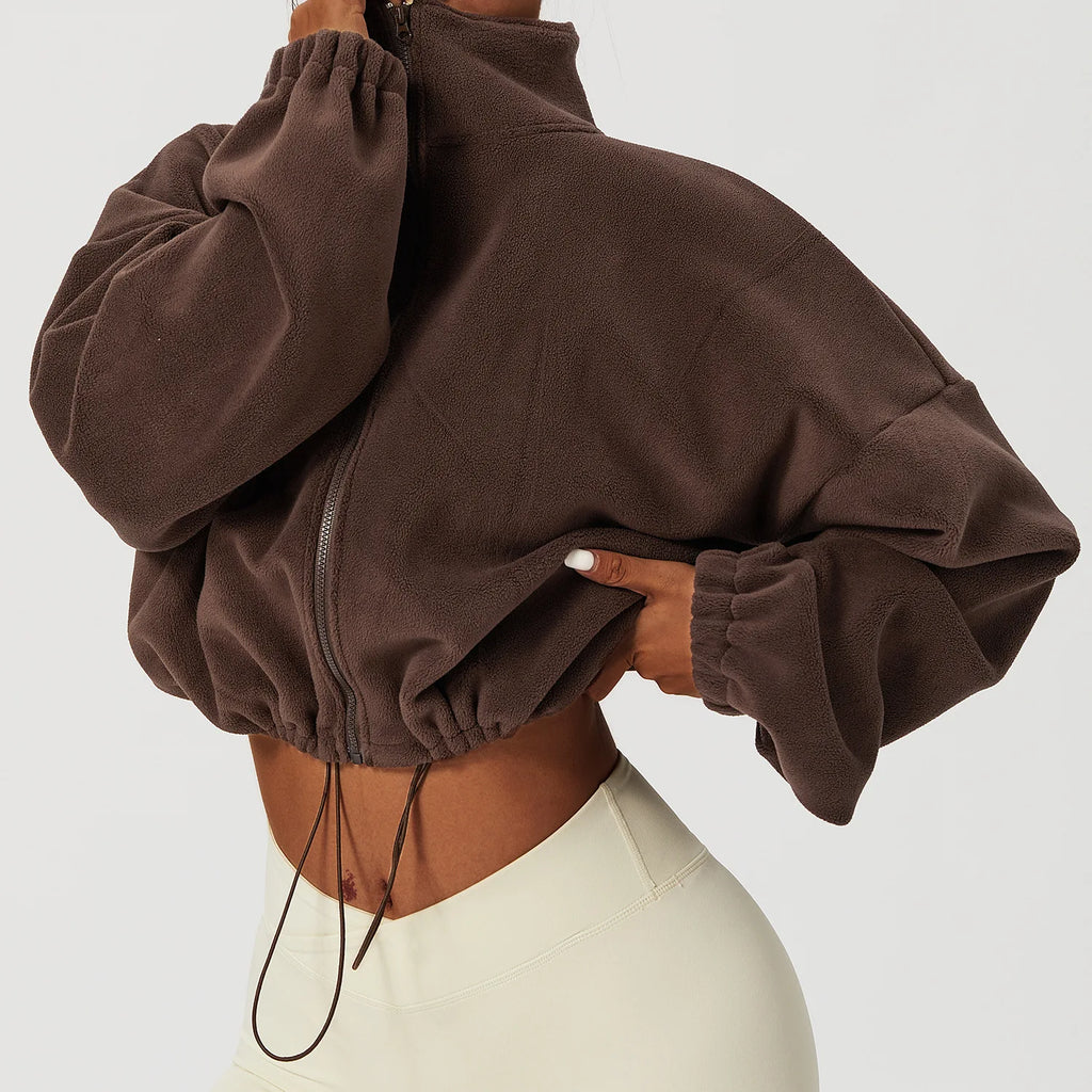Women's Polar Fleece Zip Hoodie Athletic Loose Fit Crop Top w/ Stand Collar, Thumb Holes & Drawstring Hem for Fall Winter