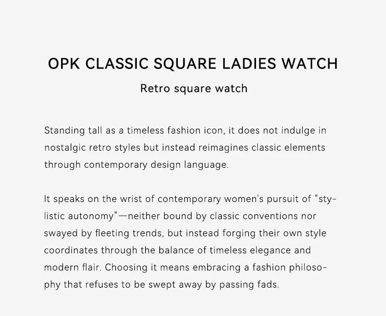 OPK 6080 Classic Fashion Ladies Quartz Watch Retro Square Dial Adjustable Strap Stainless Steel 30m Waterproof Watch For Women