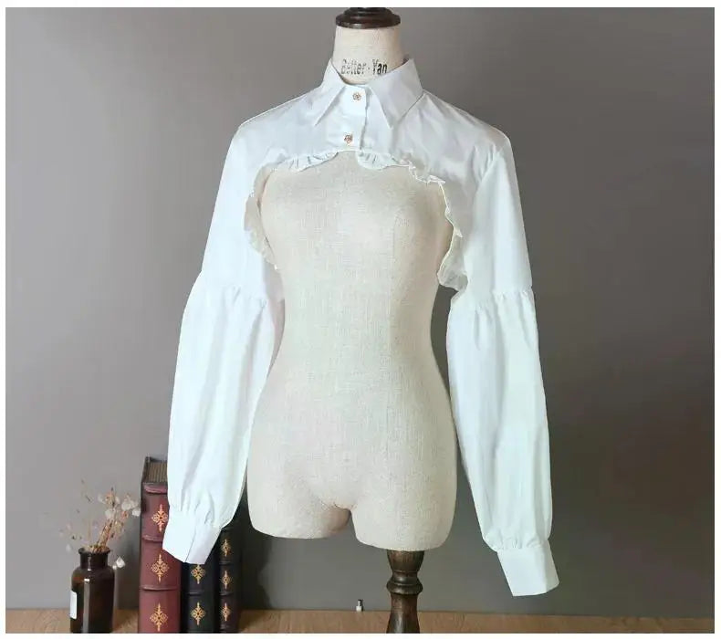 Women Puff Long Sleeve T Shirts Short Top Blouse Ruffled Button Detachable Spread Collar Sweater Decorative Accessories T Shirt