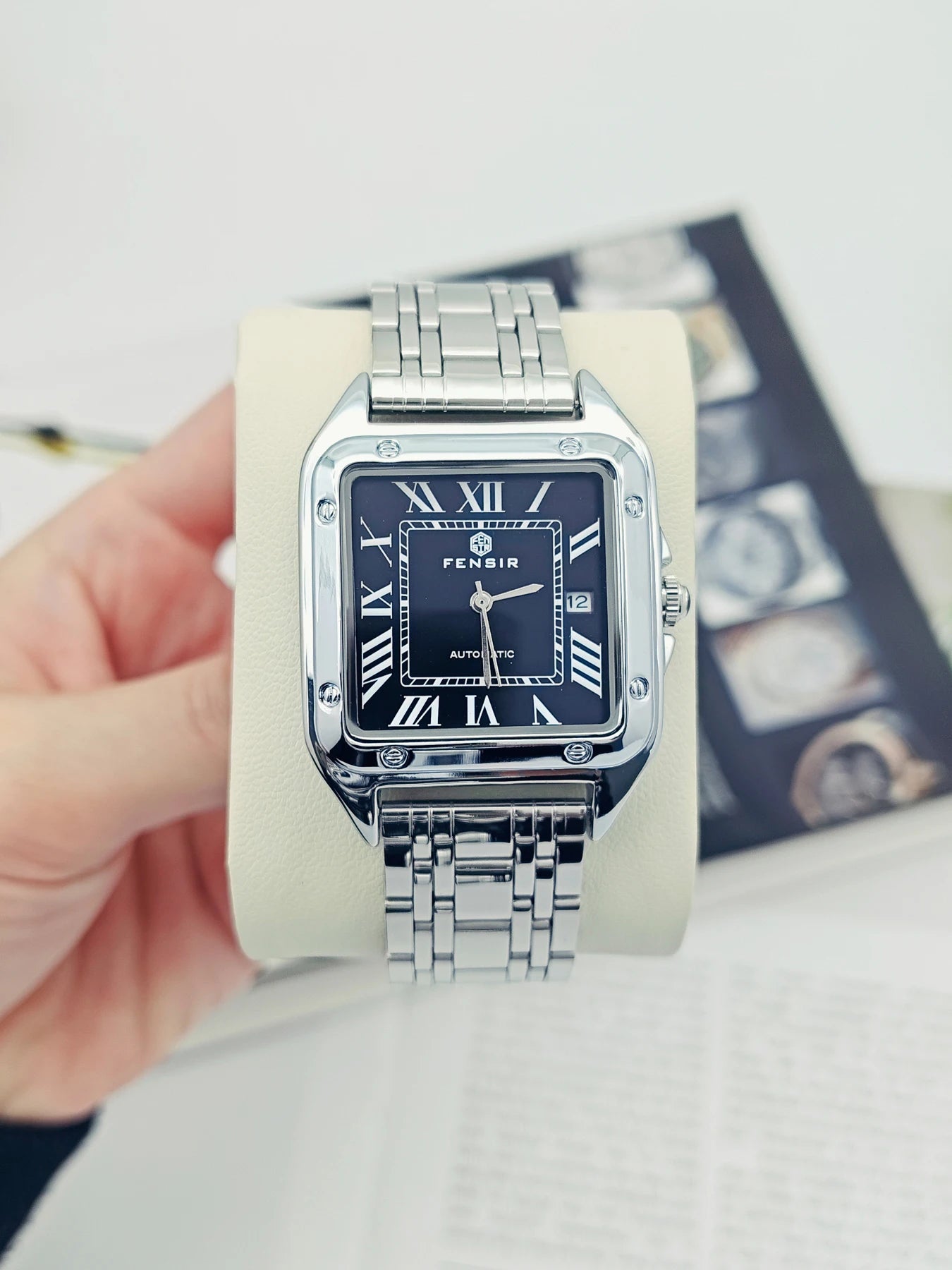 Luxury Santos Tank Watch for Men, Calendar Display, Stainless Steel Strap, High-End Luxury Small Square Men's Watch, Fashionable Business Casual Versatile Trendy Men's Wristwatch, the Best Gift for Him