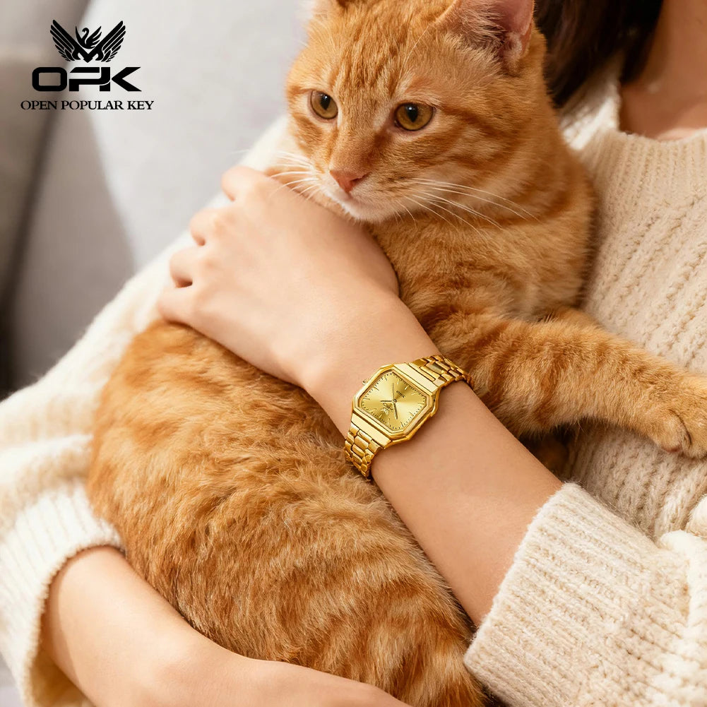 OPK 6080 Classic Fashion Ladies Quartz Watch Retro Square Dial Adjustable Strap Stainless Steel 30m Waterproof Watch For Women