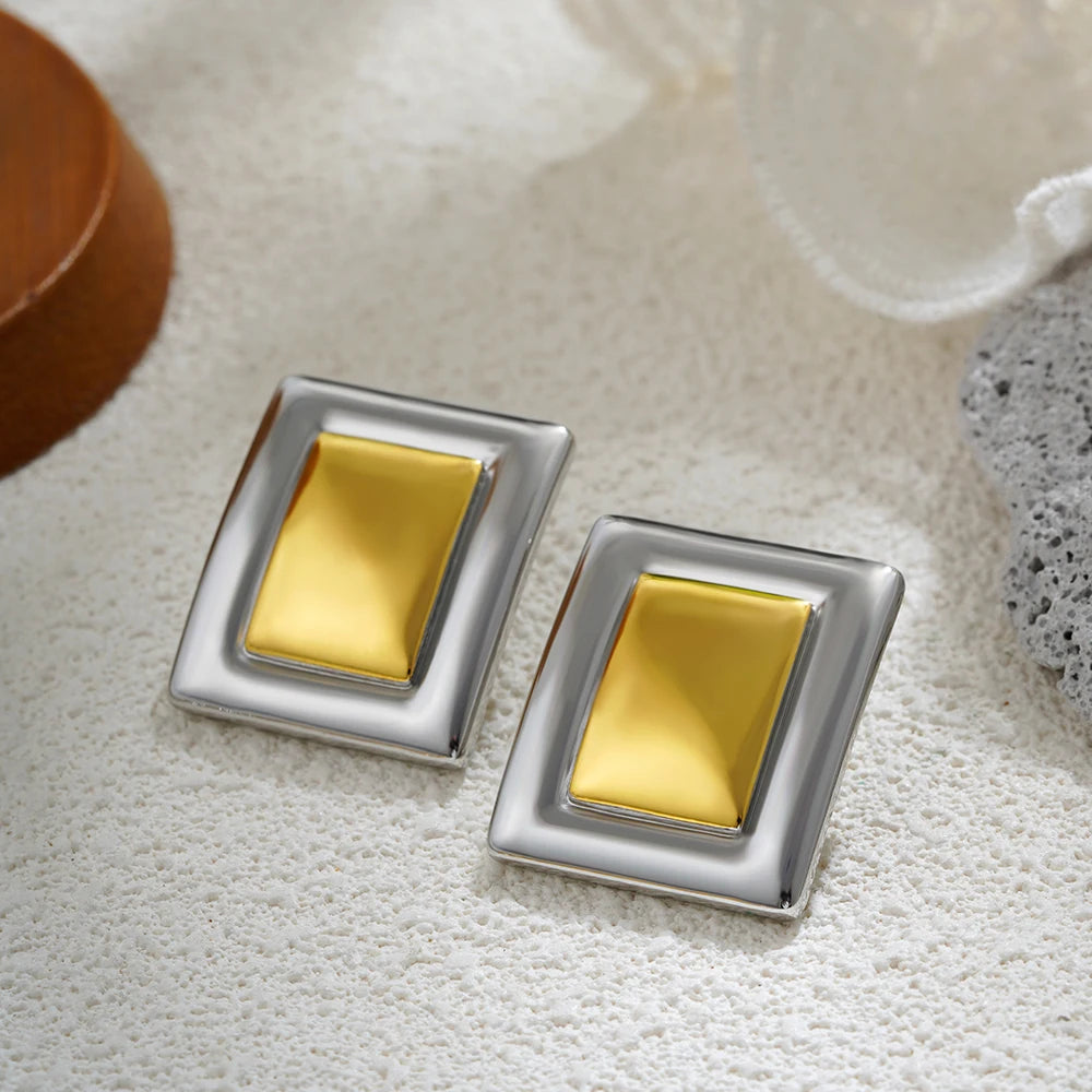 Retro Mixed Gold And Silver Square Earrings Women's Gold Plated Stainless Steel Geometric Waterproof Jewelry