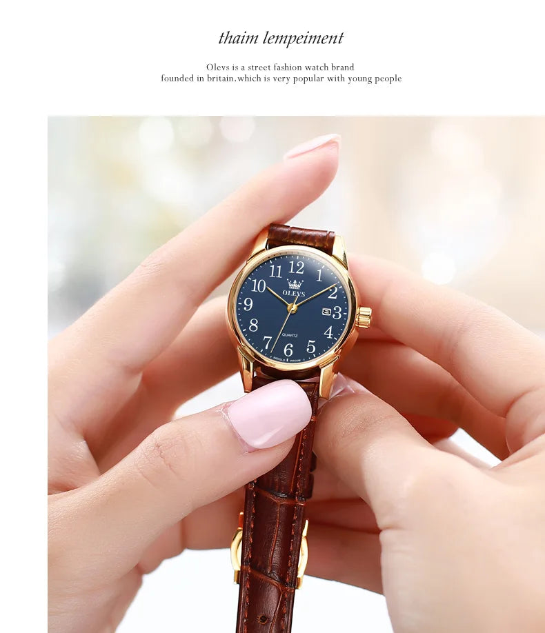 OLEVS 5566 Fashion Quartz Watch for Men and Women Leather Strap Waterproof Original Watch Arabic Numeral Scale Giving to Elders