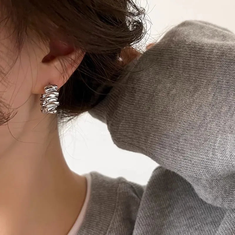 Metal Huggie Earrings Crinkle Molten Irregular Hoop Geometric Gold Silver Alloy Minimalist Women Small Jewelry Wear Gift Party