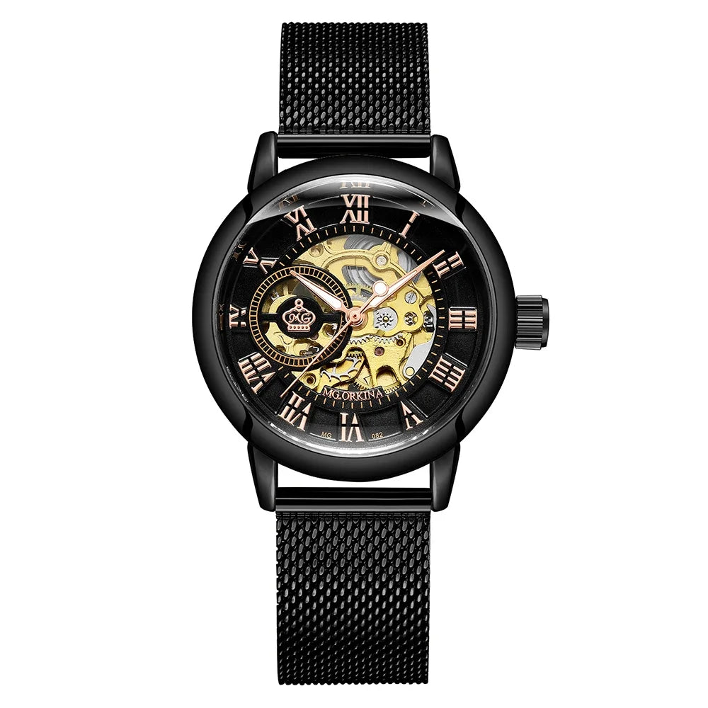 ORKINA Luxury Brand Skeleton Design Waterproof Automatic Mechanical Stainless Steel Mesh Strap Rose Gold Wrist Watch for Women