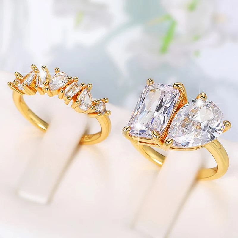 Huitan Waterdrop Rectangle Cubic Zircon Set Rings for Women Gold Color 2023 New Wedding Party Accessories Fashion Female Jewelry