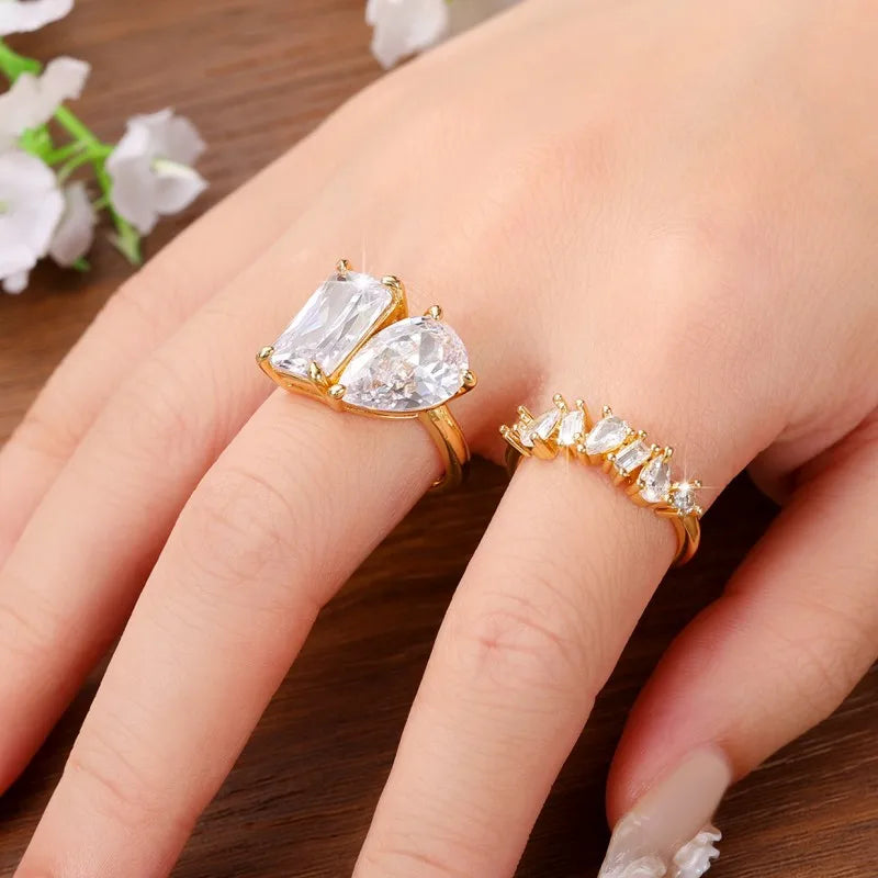 Huitan Waterdrop Rectangle Cubic Zircon Set Rings for Women Gold Color 2023 New Wedding Party Accessories Fashion Female Jewelry