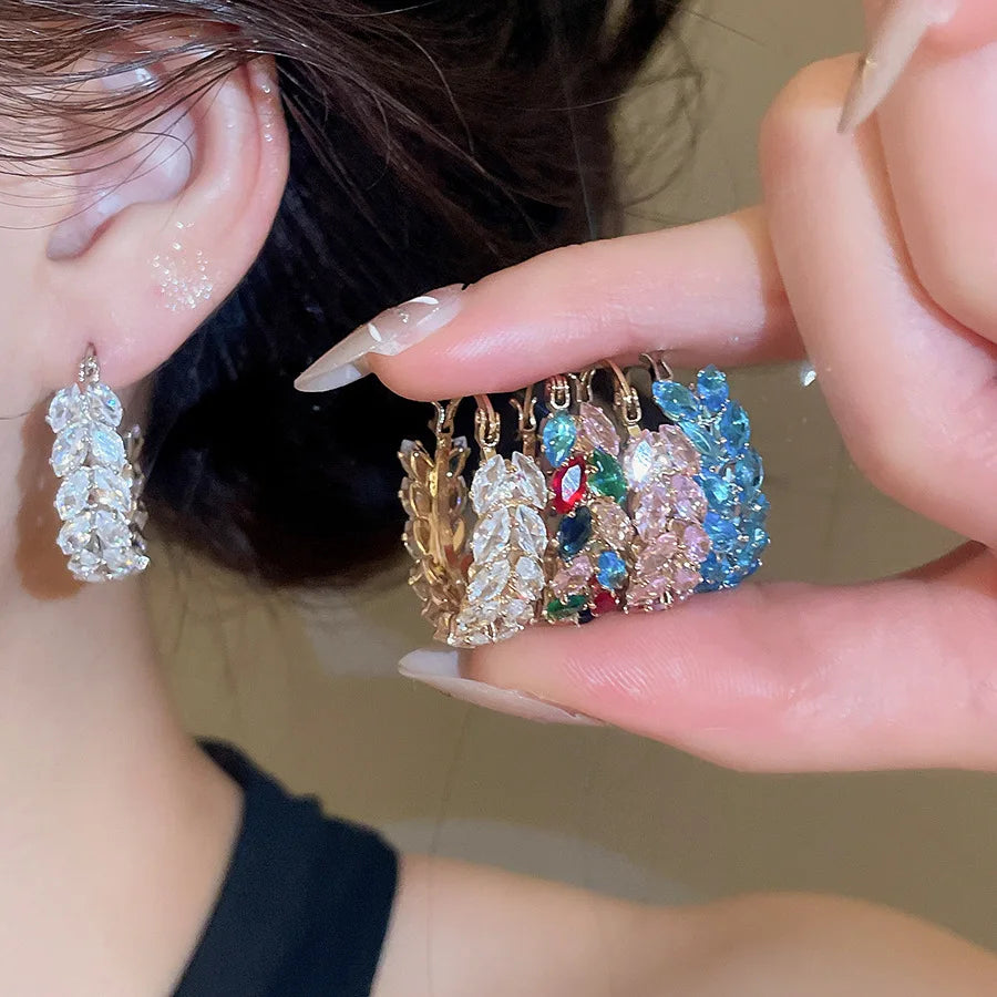 Multicolor Shiny Zircon Huggie Hoop Earrings for Women Girls Wheat Leaf Hoop Earrings Versatile Fashion Jewelry Daily Party Gift