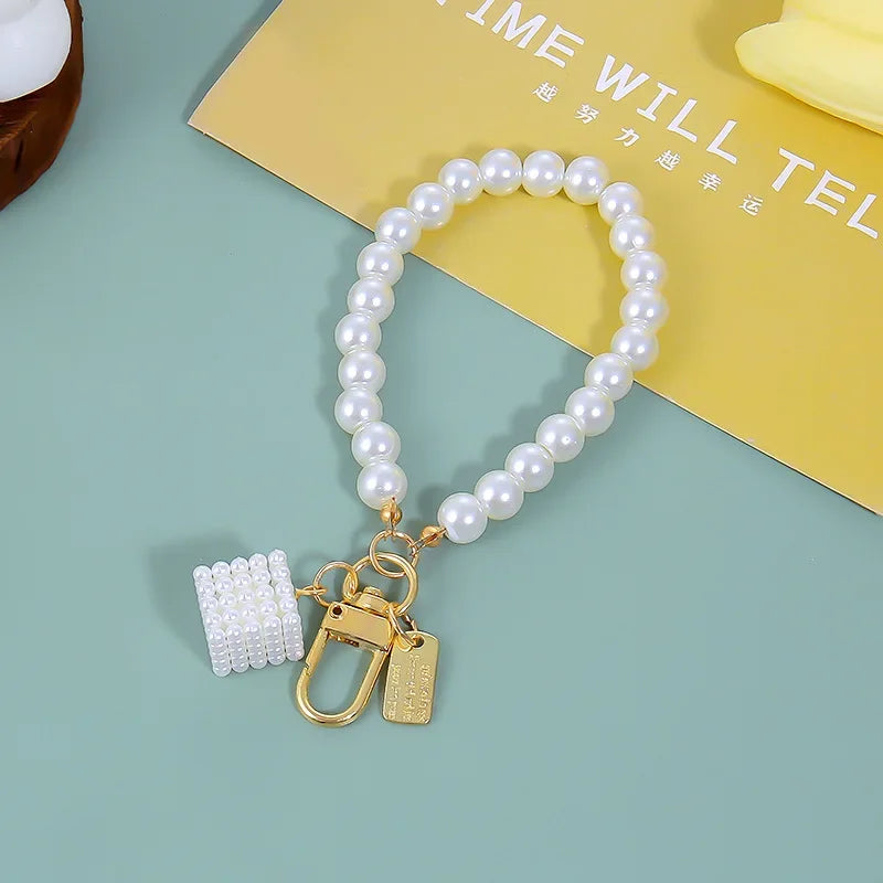 Lovely Beaded Bowknot Keychains Elegant Pearl Chain Pendant Women Bag Charms Hanging Ornament DIY Headphone Case Accessories