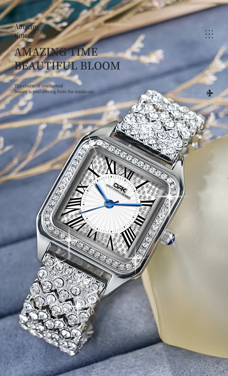OPK brand full diamond waterproof Roman scale steel belt ladies quartz watch 8619