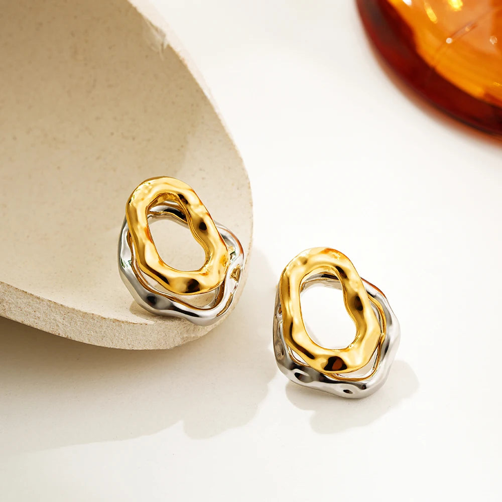 Two-wear Irregular Gold Sliver Colors Circles Bilayer Piercing Post Earring for Women Bicolor Hammered Texture Geometric Jewelry