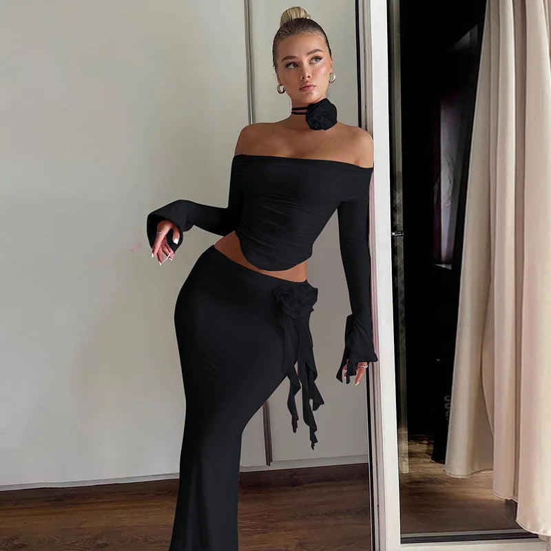 TARUXY Flower Bodycon Skirt Sets Women Slim Sexy Backless Lace Up Tops Women's Party Elegant Dress 2 Piece Womens Suits Outfits
