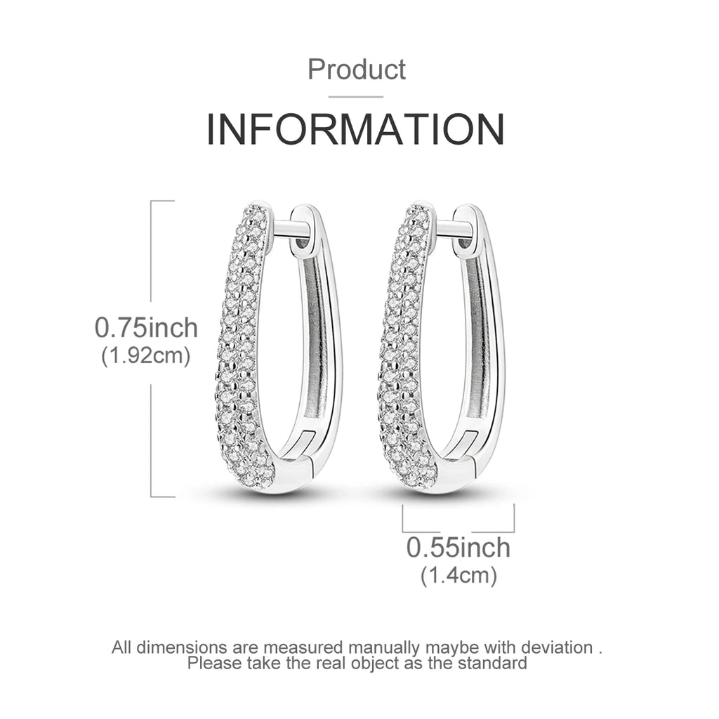 925 Sterling Silver Sparkling Long U-Shaped Hoop Earrings Double Row CZ Oval Huggie Earrings for Women Luxury Versatile Jewelry