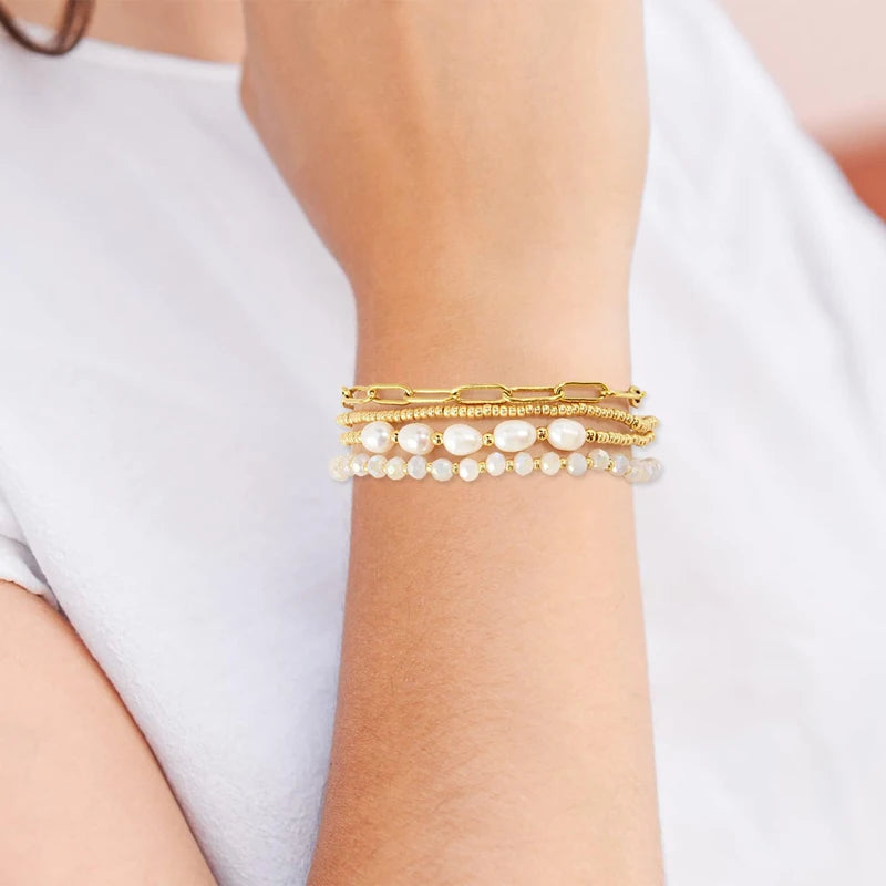 Dainty Gold Pearl Crystal Beaded Bracelets Set for Women 14K Real Gold Plated Stackable Paperclip Link Chain Bracelets Jewelry