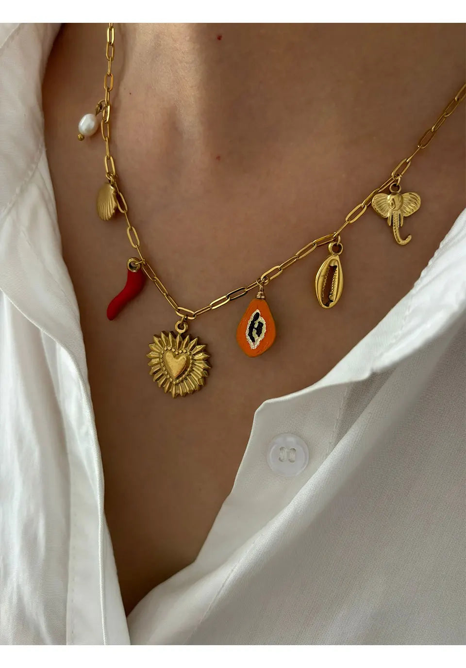 Peri'sbox Boho 18K Gold Plated Freshwater Pearl Red Enamel Pepper Shell Heart Pendant Necklace Women Beach Party Gift Waterproof