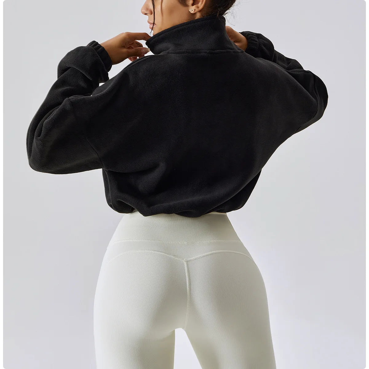 Women's Polar Fleece Zip Hoodie Athletic Loose Fit Crop Top w/ Stand Collar, Thumb Holes & Drawstring Hem for Fall Winter