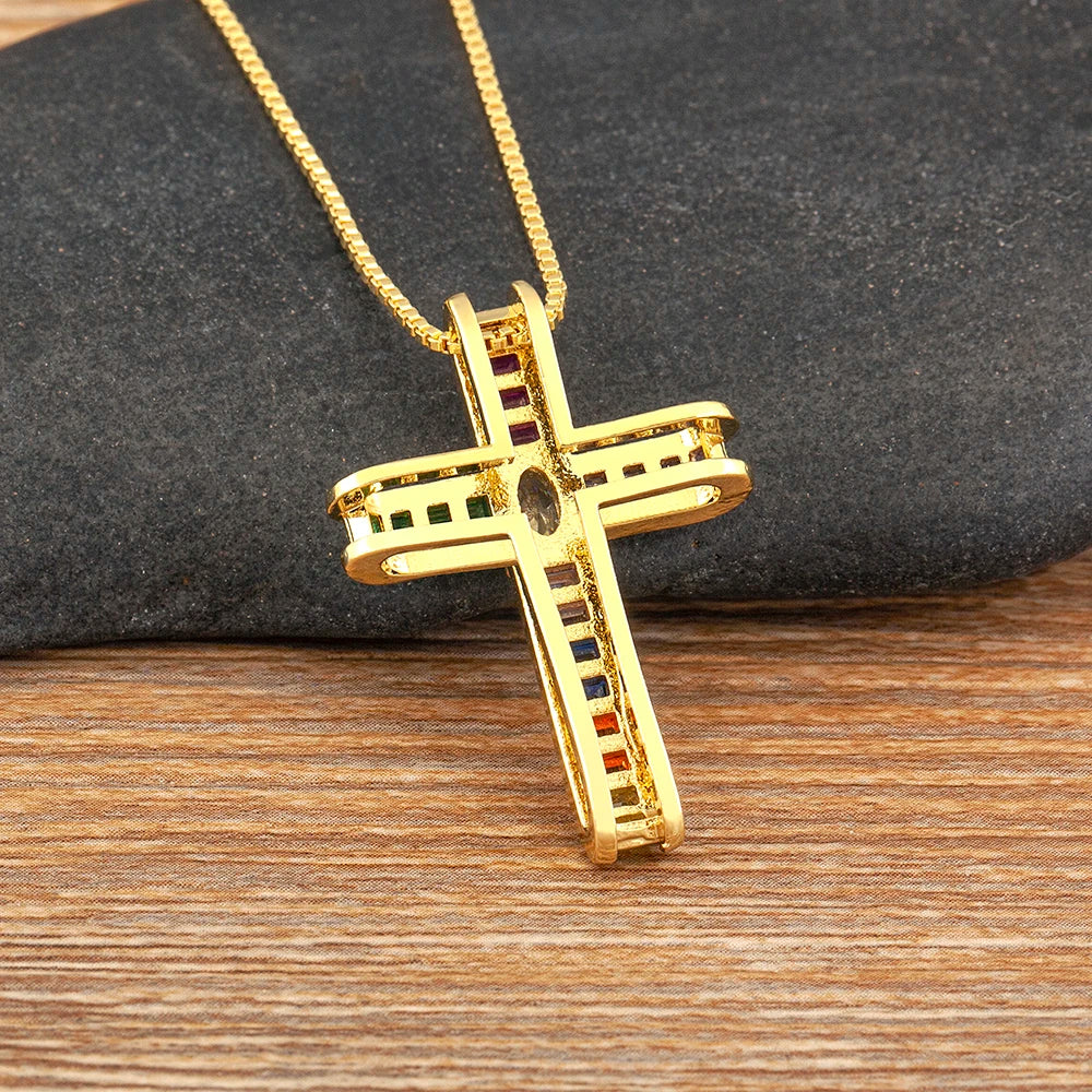 AIBEF Fashion Cross Shape Pendant Colorful Rhinestone Women Necklace Copper Zircon Stereoscopic Jewelry Christianity Unisex Gift