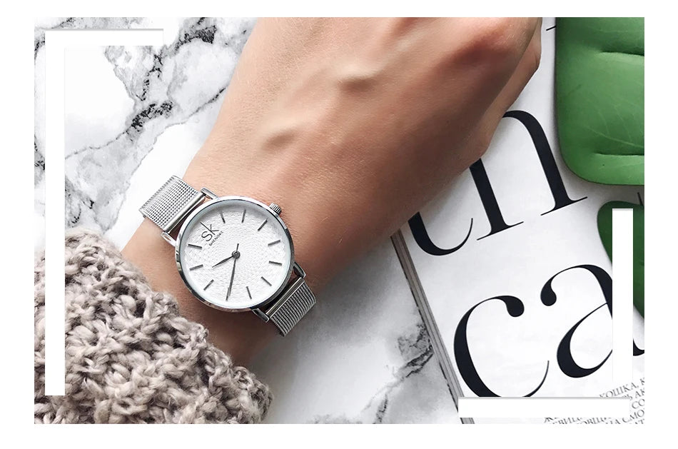 SK Super Slim Sliver Mesh Stainless Steel Ladies Watches Women Top Brand Luxury Casual Clock Waterproof Wristwatch for Women
