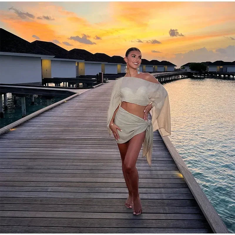Women Solid Color Shawl Tops Mini Knot Skirt Suit Cotton Linen Comfort Skirts Set 2026 Spring Summer Lady Beach Holiday Outfit